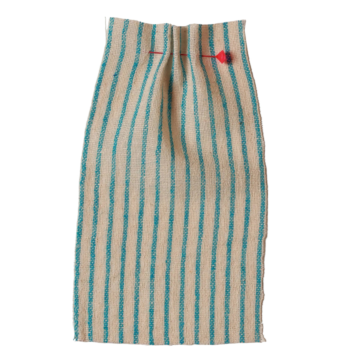Khadi Striped fabric with turquois and beige pattern on a beige background. Fabric collection ATELIER A.PUUR.A