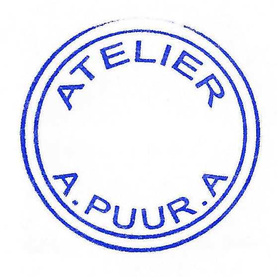 Blue stamp with 'ATELIER A. PUUR.A' text on a white background